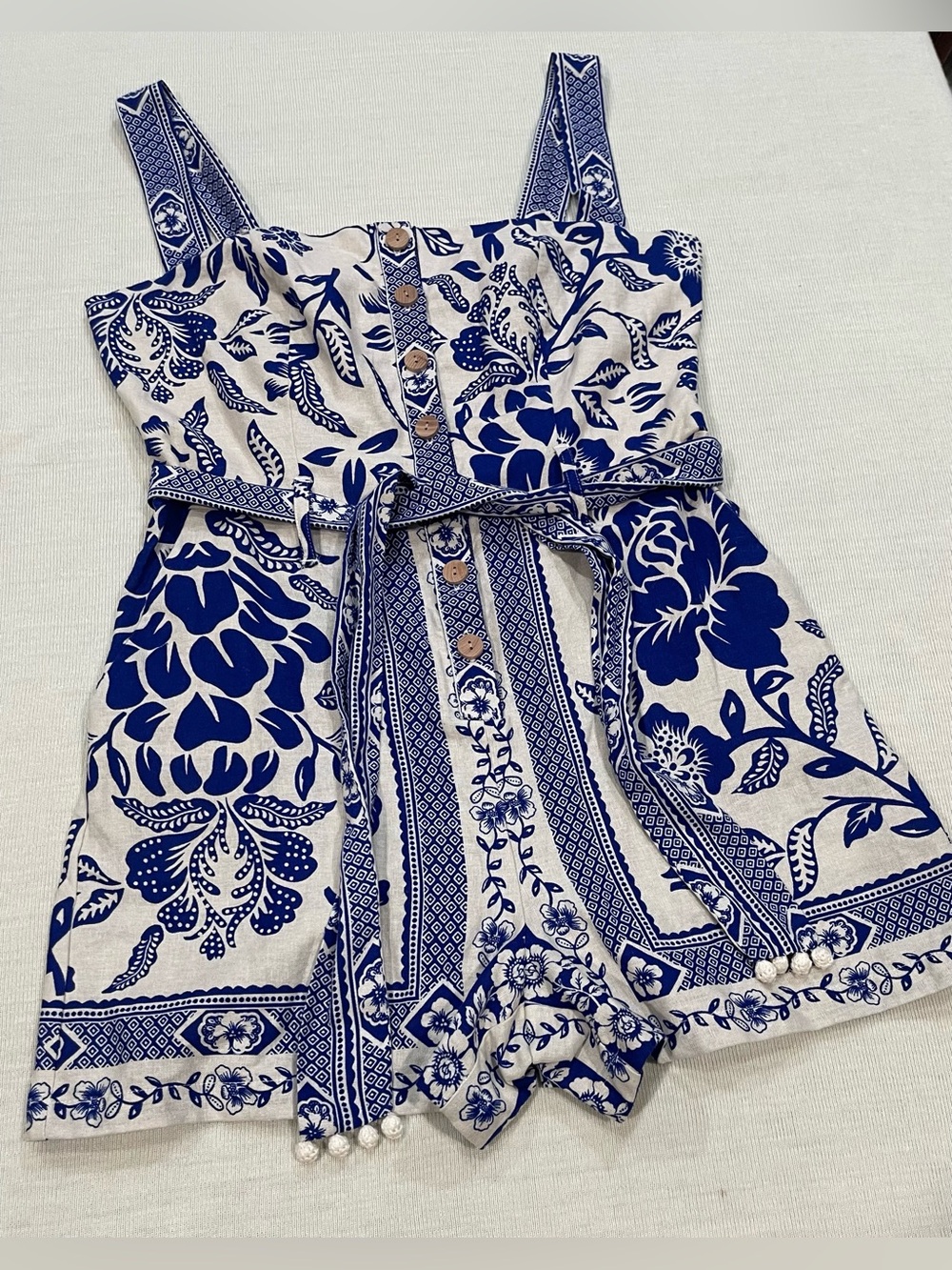 Rachel Zoe Blue White Linen Floral Romper Size 6 NWOT